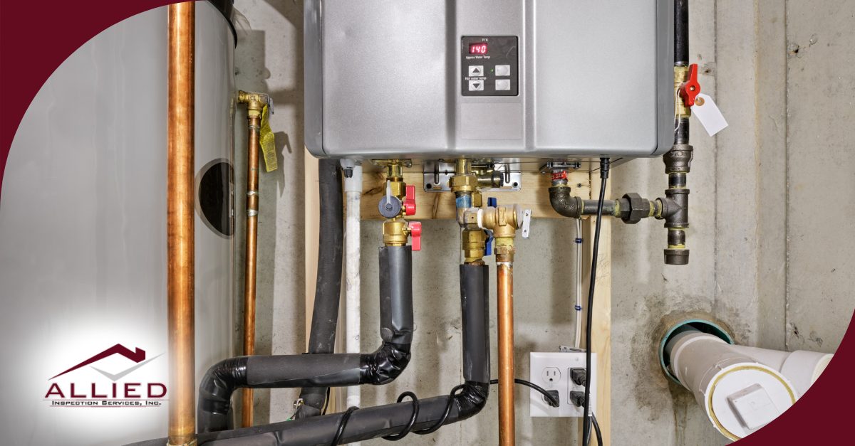 Tankless water heater system installed in a utility area.