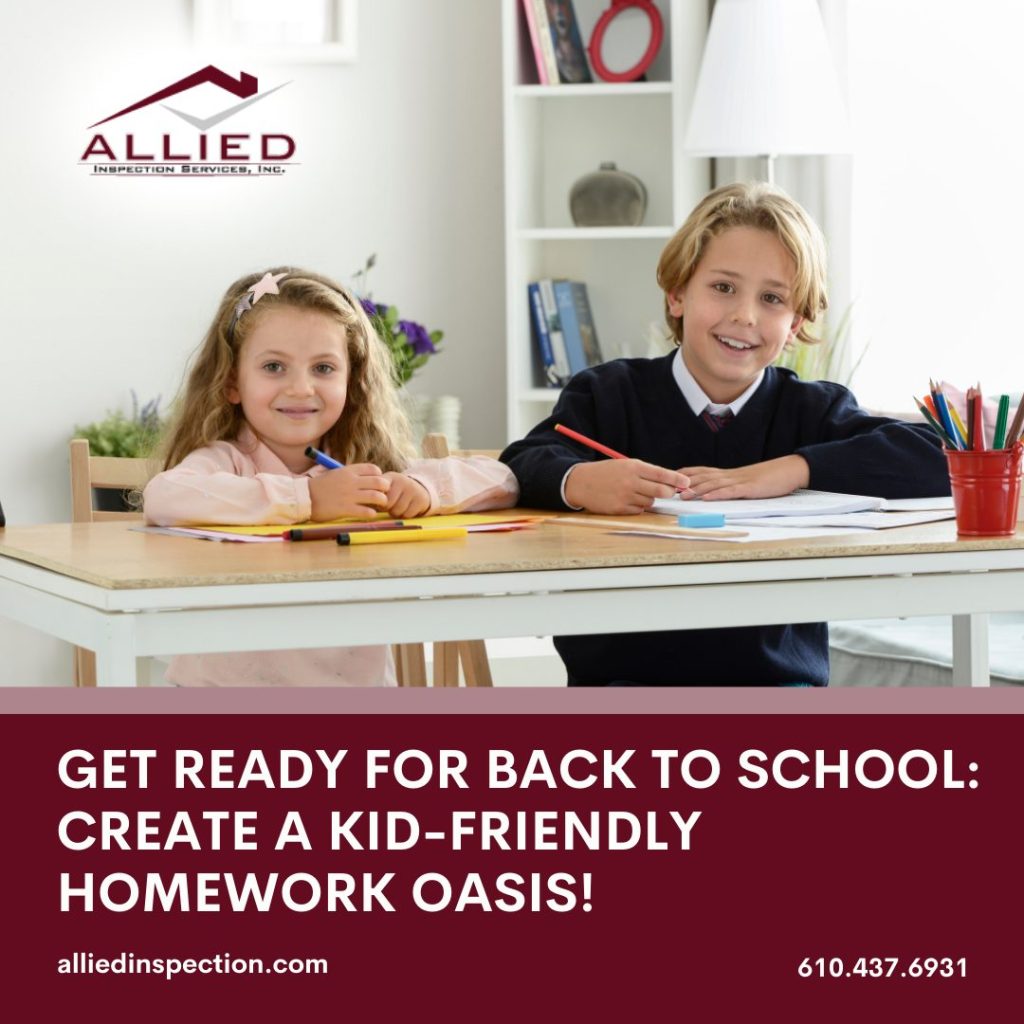 Two children sitting at a table, smiling while doing their homework in a well-organized and kid-friendly space